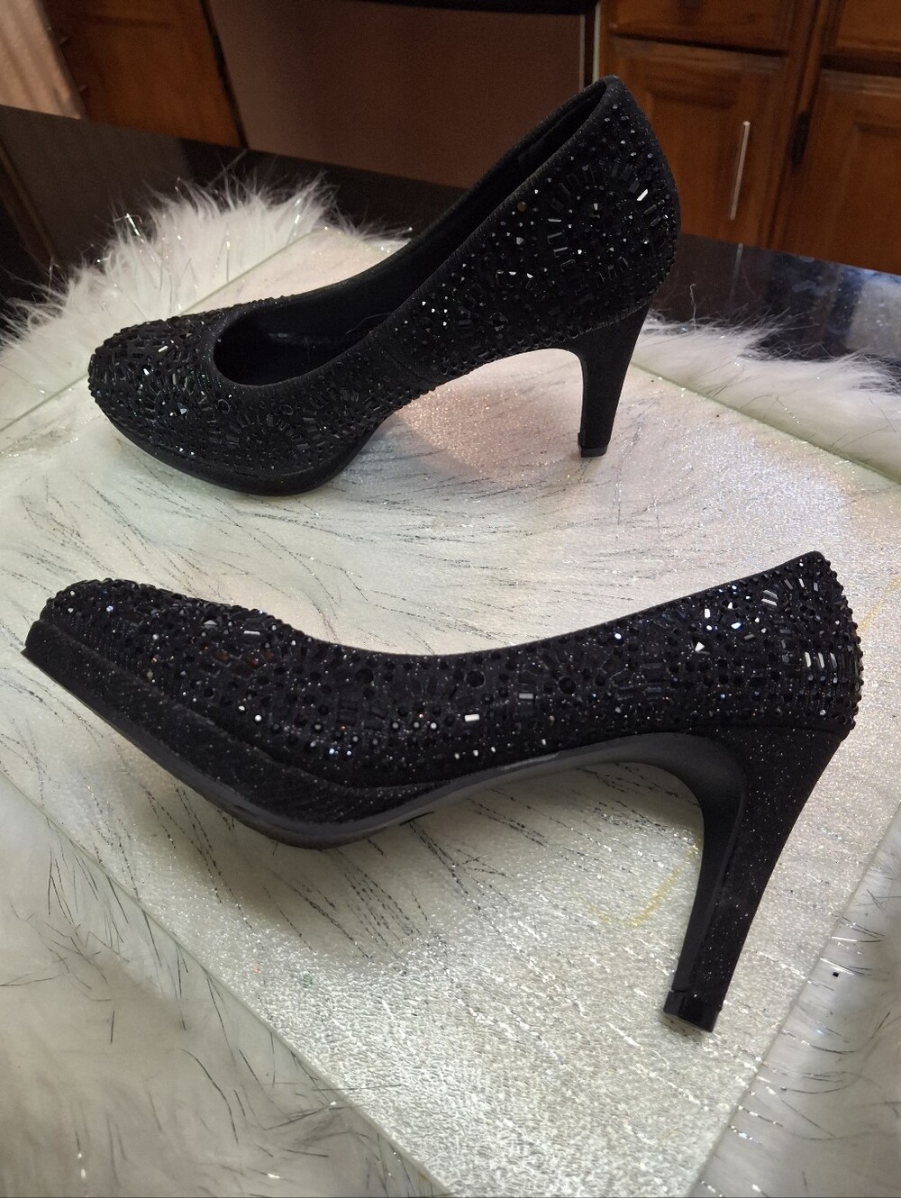 Silver Slipper Black Embellished Rhinestone Pumps Dress Heels Women Size 6 - Picture 7 of 16